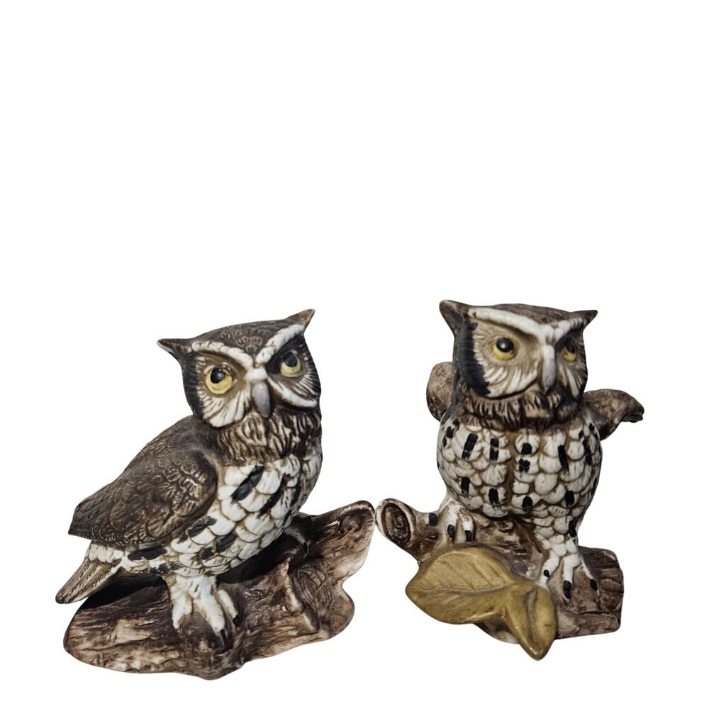 Vintage 1970's Homco Pair of Great Horned Owl Porcelain Figurines # 1114 Set (2)